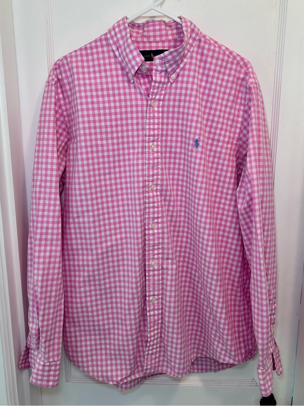 Ralph Lauren Pink & White Gingham Long Sleeve Button Down Cotton Shirt Mens L